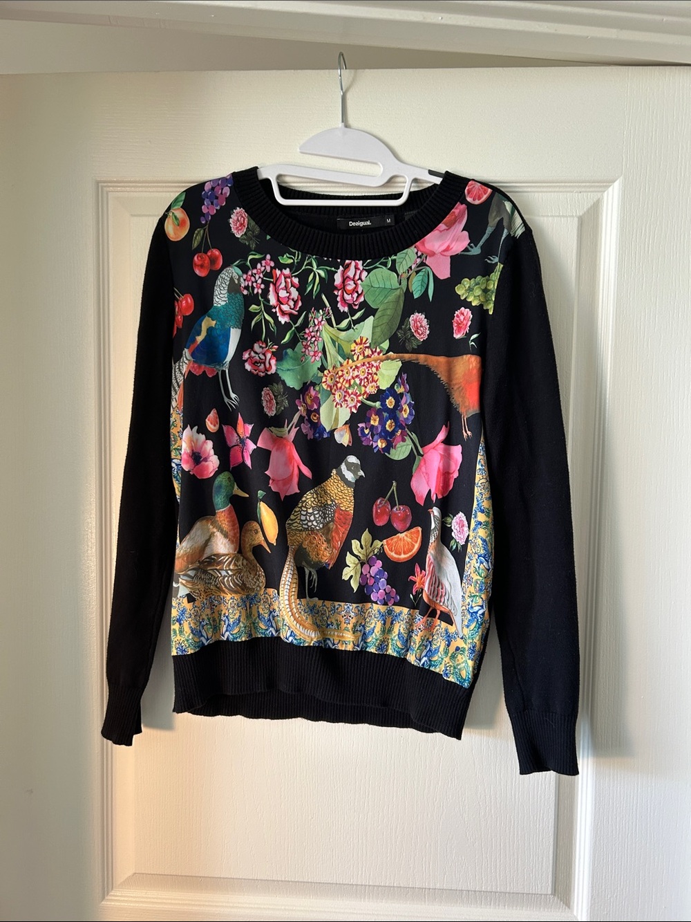 Desigual Black Sweater with Multicolor Floral & Bird Print